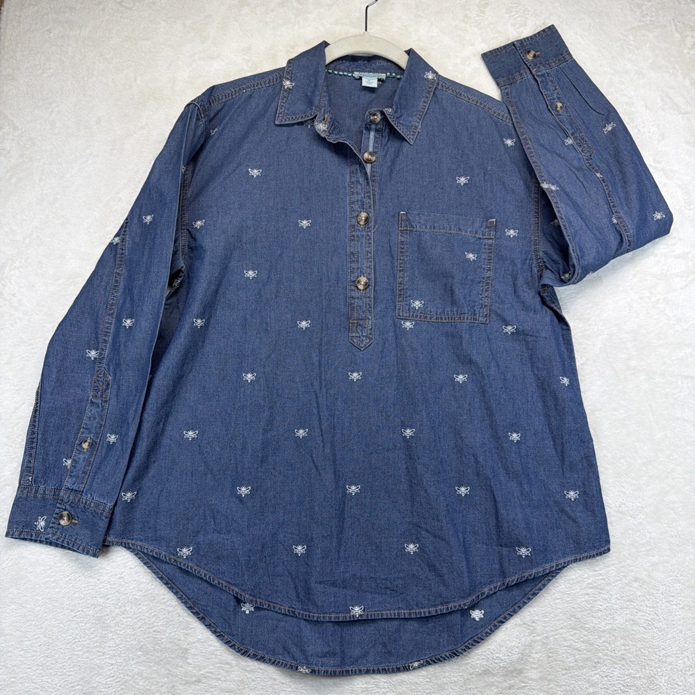 Sundance Chambray Shirt Womens M Blue Embroidered Pullover Long Sleeve